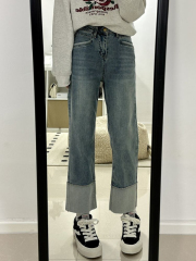 Large size spliced ​​straight jeans autumn new American retro high-waisted loose wide-leg slim cigarette tube nine-point pants