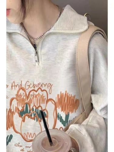 Thin Chinese cotton milk silk plus velvet Chinese cotton silver fox velvet Designed Polo collar half-zip lapel long-sleeved sweatshirt