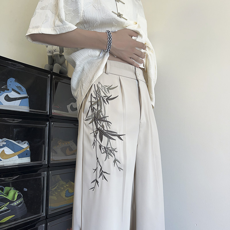 Quality new Chinese style Chinese style loose casual trousers with bamboo leaf embroidery