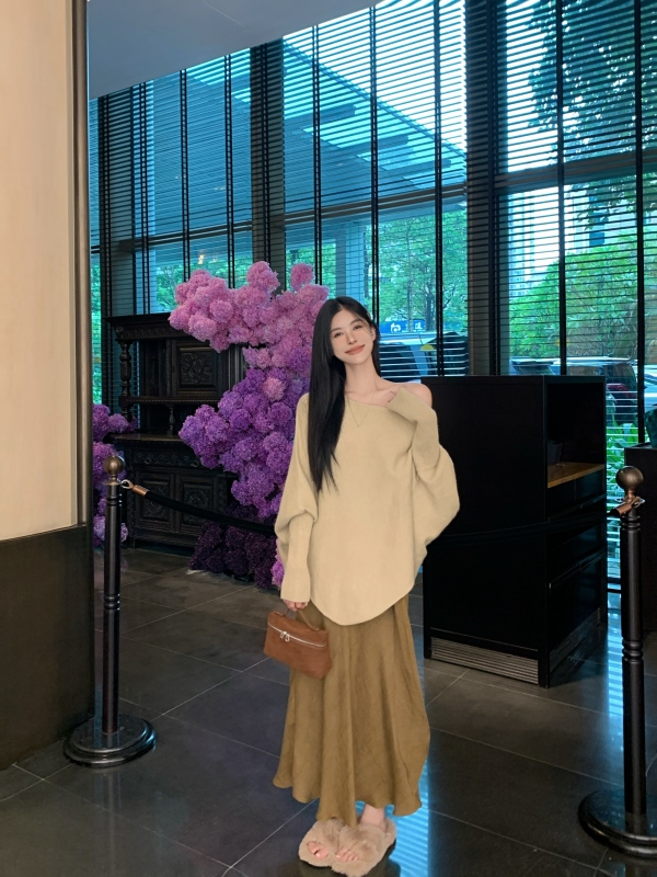 Casual Suit Women's Irregular Lazy Loose Knitted Sweater Fishtail Skirt Two-piece Set