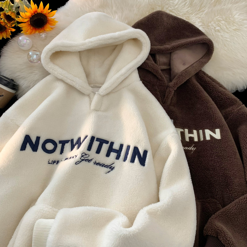 Flat lay American lamb wool lazy style embroidered couple's unisex plus velvet sweatshirt heavy coat for men