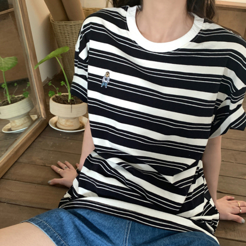 Retro Striped Short Sleeve T-Shirt Women's Summer Loose Slim Embroidered Contrast Color Round Neck Casual Half Sleeve Top