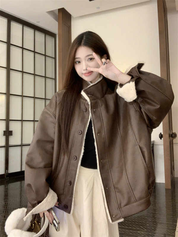 Warm thickened velvet retro leather jacket winter new rabbit velvet loose jacket