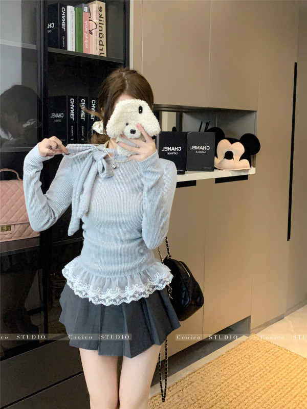 Korean style gray lace spliced ​​long-sleeved ballet style pure desire slimming brushed slim inner top