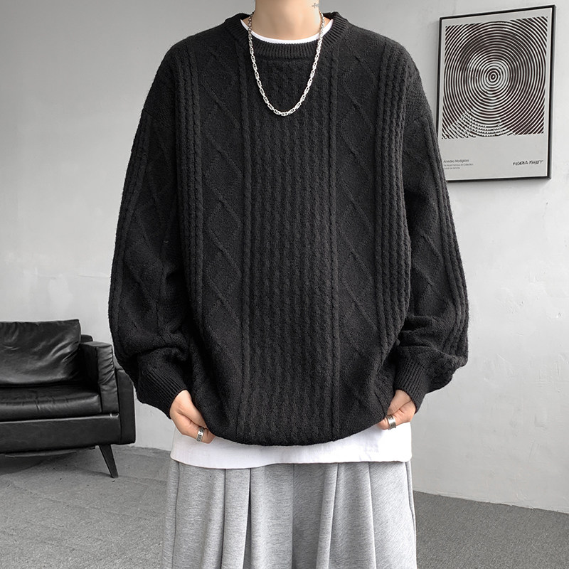 Men's round neck sweater autumn and winter loose lazy pullover twist knitted sweater