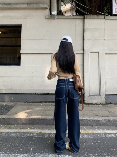 Retro dark blue work jeans for women in fall, loose American style low-waisted lazy straight wide-leg pants