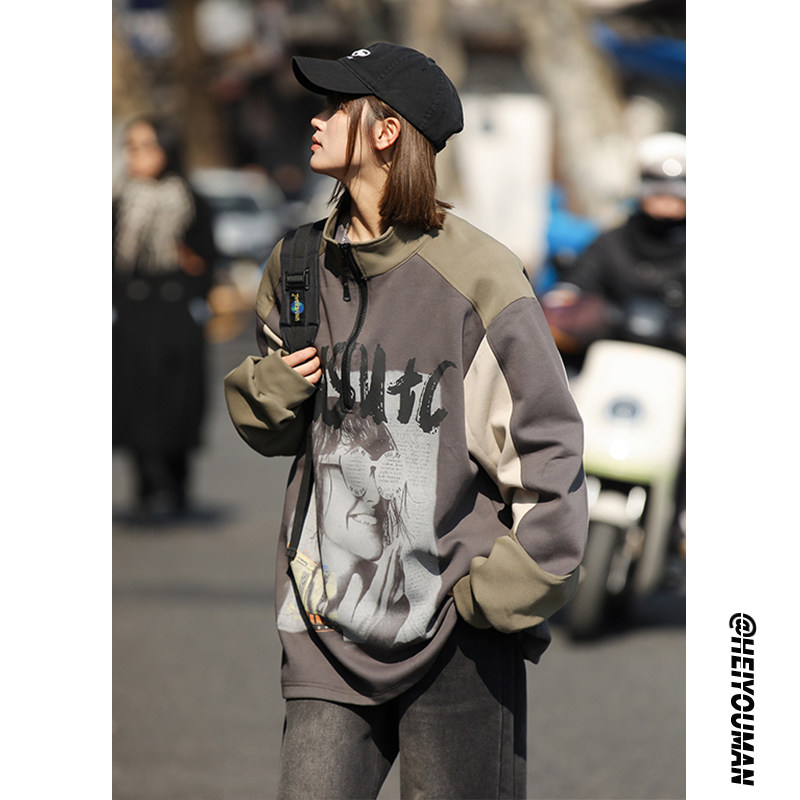 Character print couple style trendy brand loose top spring and autumn stand collar half zipper sweatshirt