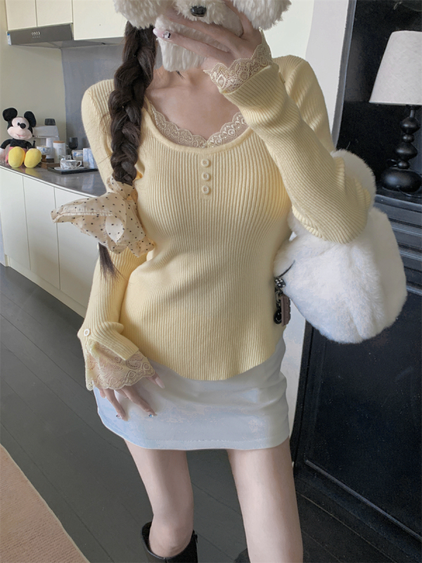 French gentle style fake two-piece lace sweater winter long-sleeved slimming top