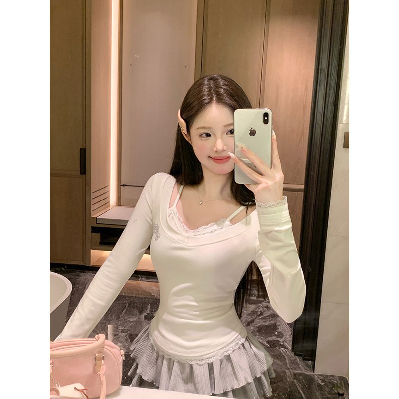 Pure desire lace splicing suspenders fake two-piece slim T-shirt top with velvet