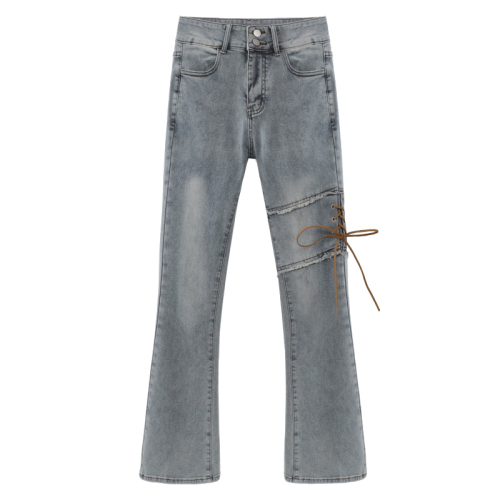 American retro strappy jeans for women in spring and autumn, high-waisted, straight-leg pants for small people, micro-flared pants, high-street micro-flared pants