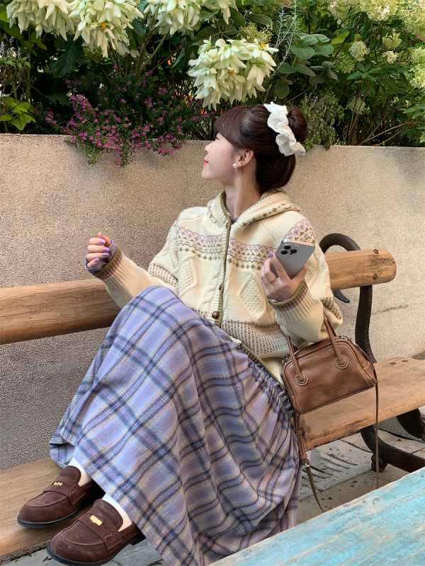 Heavy industry retro crochet knitted twist sweater + purple plaid long skirt two-piece set