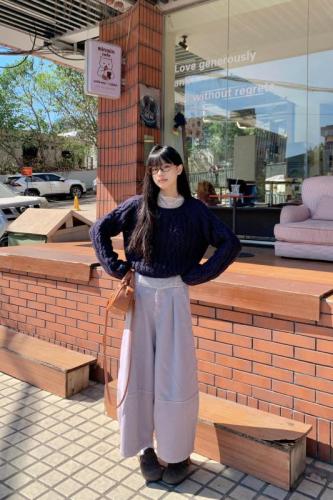 Ice silk mesh polka dot inner layer with solid color twist navy blue round neck sweater and lazy casual nine-point pants