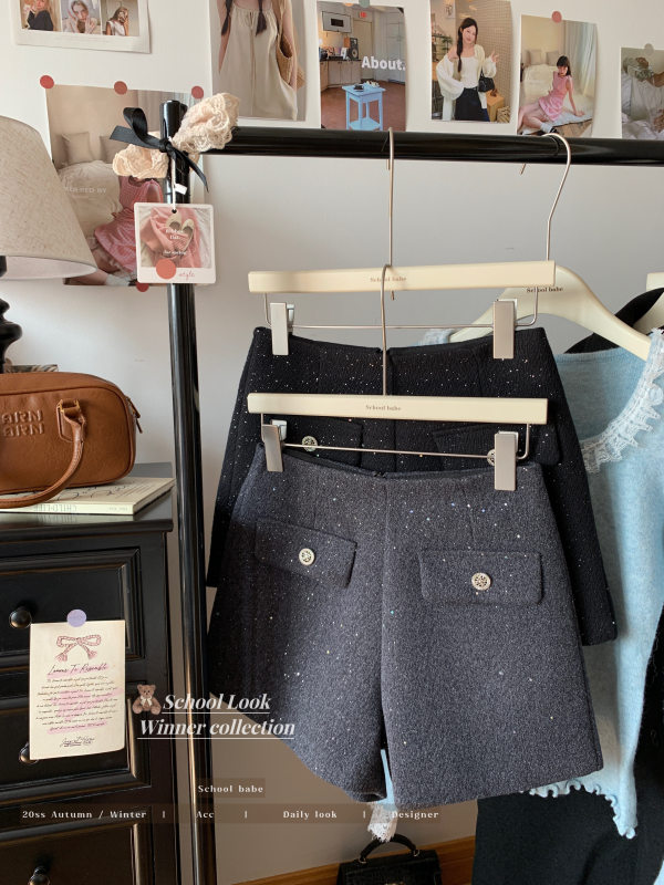Xiaoxiangfeng fine glitter shorts, high-waisted woolen boot pants, women's winter temperament, slim casual pants, wide-leg pants