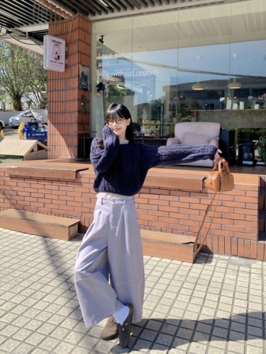 Ice silk mesh polka dot inner layer with solid color twist navy blue round neck sweater and lazy casual nine-point pants