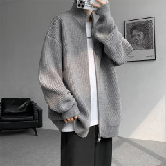 Network Picture Zipper Cardigan Sweater Jacket Trendy Loose and Handsome Stand-up Collar Sweater Top