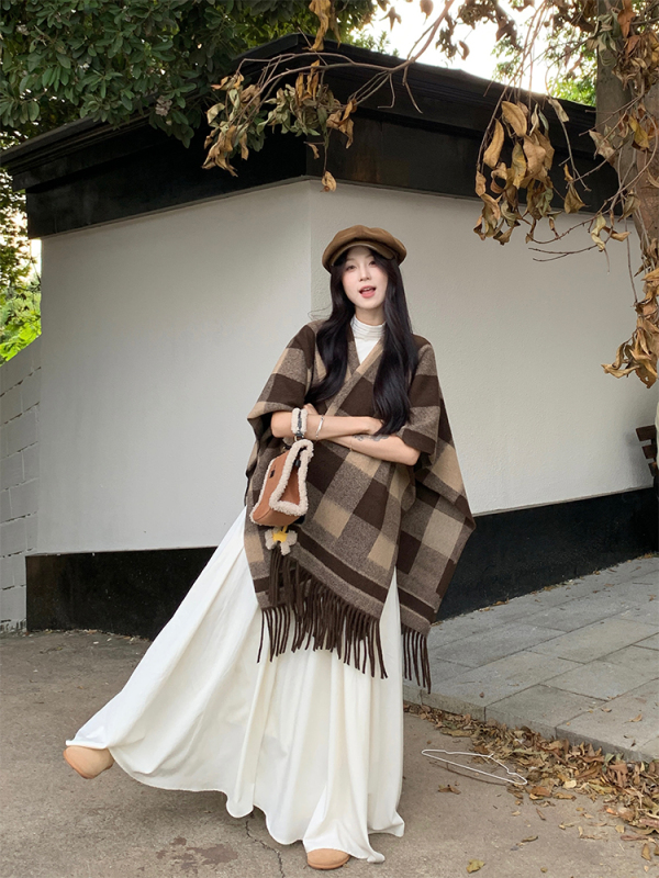 Autumn and winter warm and cold-proof plaid shawl blanket with knitted cardigan and cape