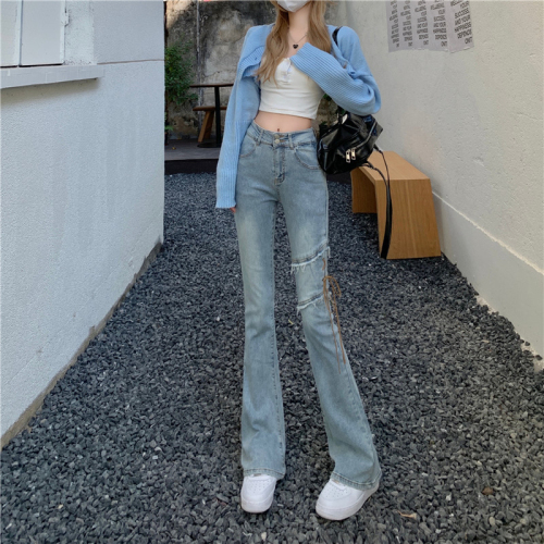 American retro strappy jeans for women in spring and autumn, high-waisted, straight-leg pants for small people, micro-flared pants, high-street micro-flared pants