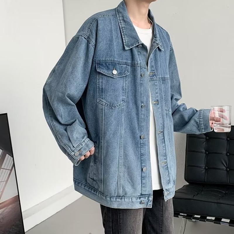 Denim jacket men's spring and autumn trendy loose and handsome printed top Korean style casual student handsome jacket