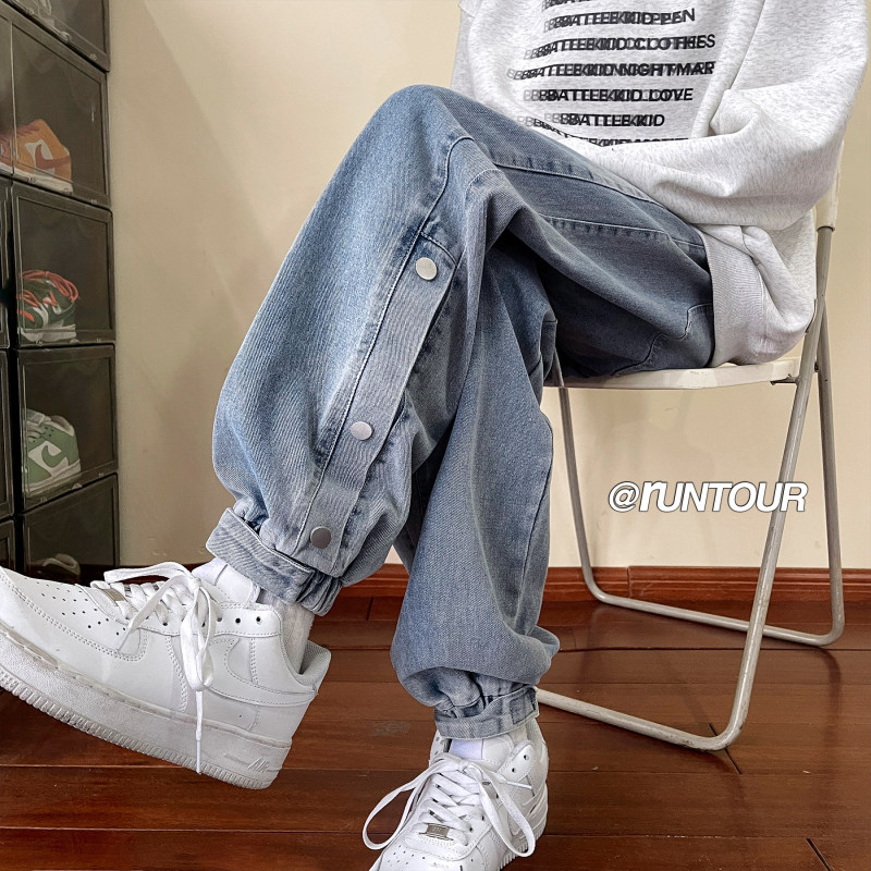 Men's leggings jeans, loose American style street buttoned casual long