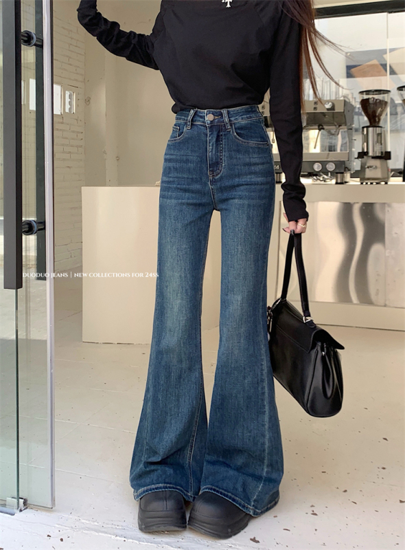 American retro washed micro-flared jeans for women, high-waisted, straight-leg, loose, wide-leg, floor-length trousers