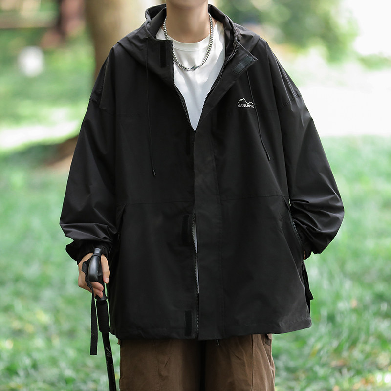 High Quality Autumn Men's Hooded Jacket Letter Printed Velcro Zipper Pocket Jacket