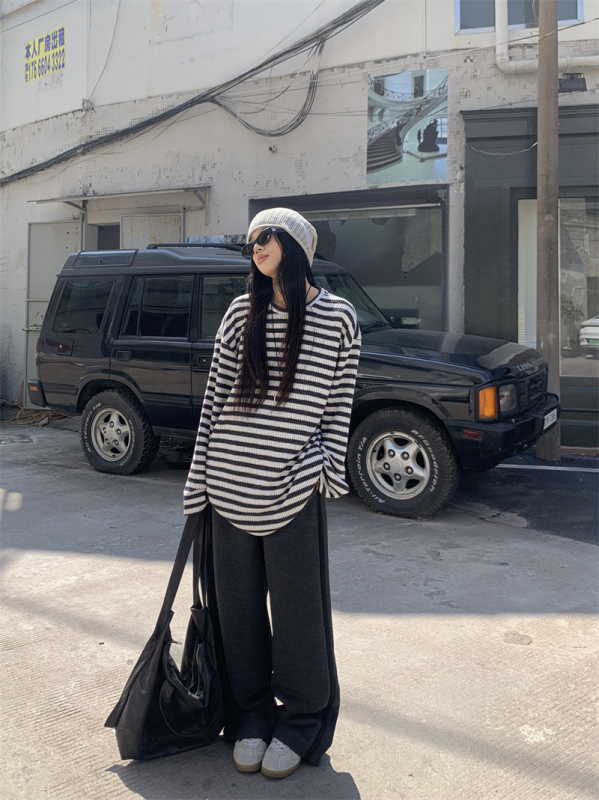 Retro casual lazy style versatile striped top + spliced ​​high-waisted casual pants