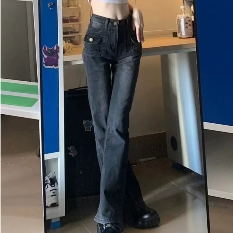 Designed black and gray high-waisted bootcut jeans for women petite summer straight slim slim flared trousers trendy
