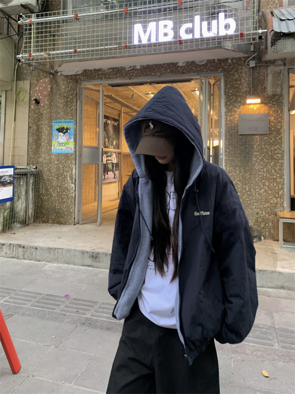 Cool and handsome street style autumn and winter reversible polar fleece windproof hooded jacket