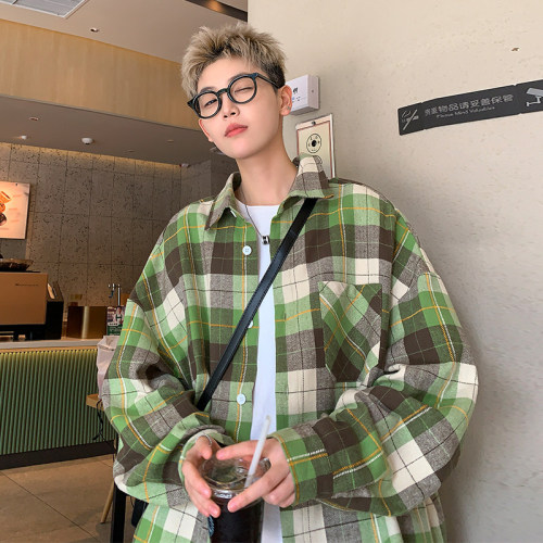 Spring new style Hong Kong style outdoor large size plaid casual long-sleeved shirt