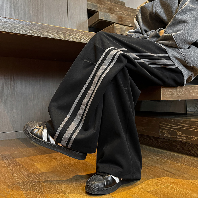 American Retro Three Stripes Casual Pants Plus Velvet Extra Large Size Wide Leg Sweatpants