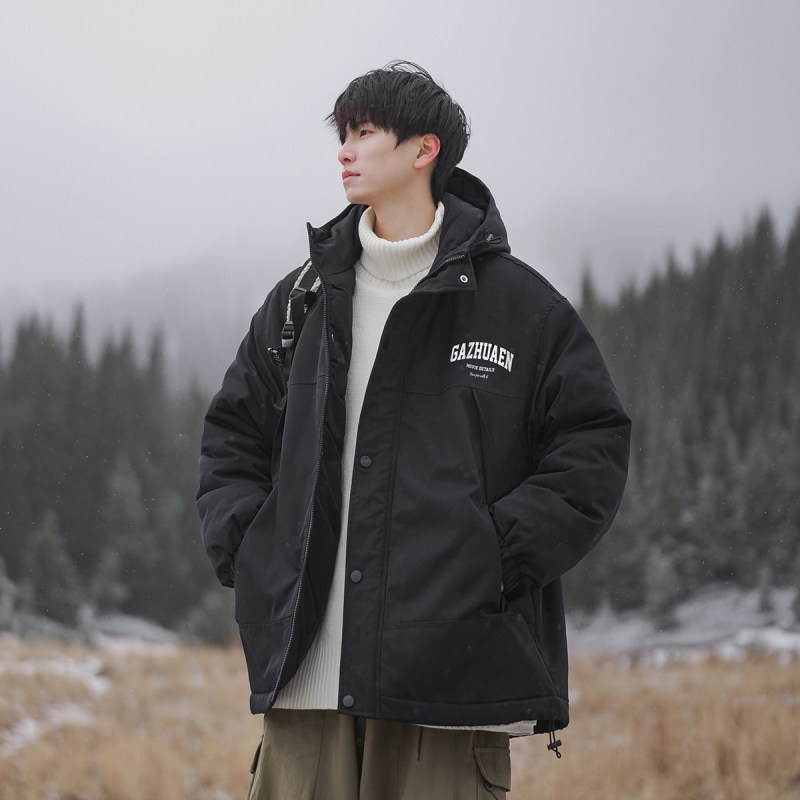 Xinjiang Mountain Letters Printed Color Block Loose Warm Hooded Cotton Jacket