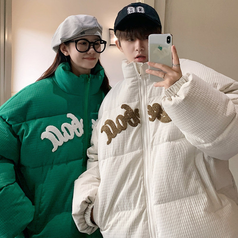 Winter new trendy brand couple stand collar cotton coat towel embroidered cotton coat jacket for men and women