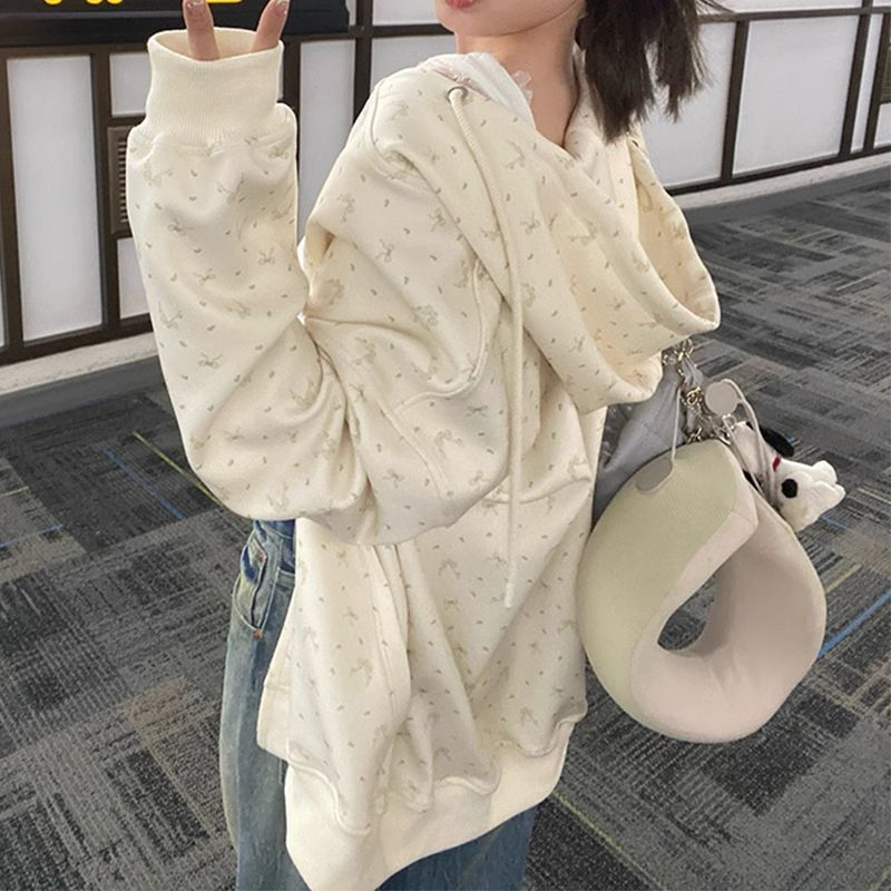 Thin/velvet niche floral hooded sweatshirt for women spring and autumn oversize coat Korean style loose cardigan top