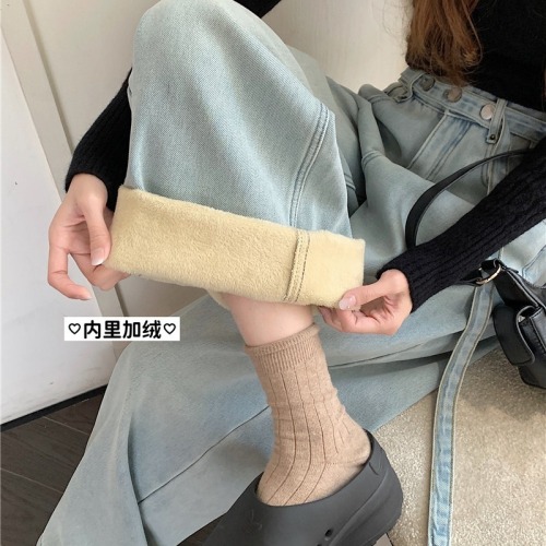 Women's velvet straight-leg pants, Korean style niche design, lace-up, high-waisted, versatile, loose casual jeans