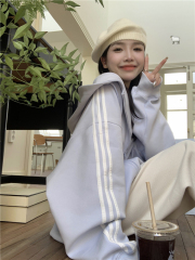 Velvet and thickened three-stripe hooded sweatshirt for women, loose niche stitching zipper top