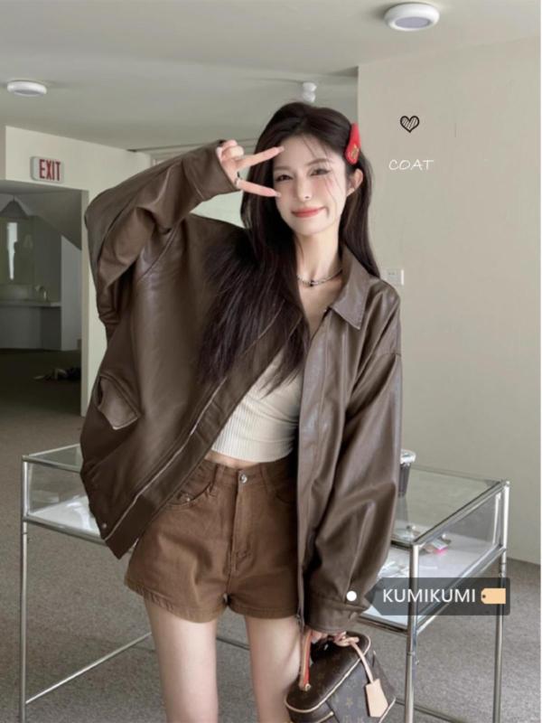 American retro leather jacket for women spring black sweet cool motorcycle PU leather loose slim long-sleeved top