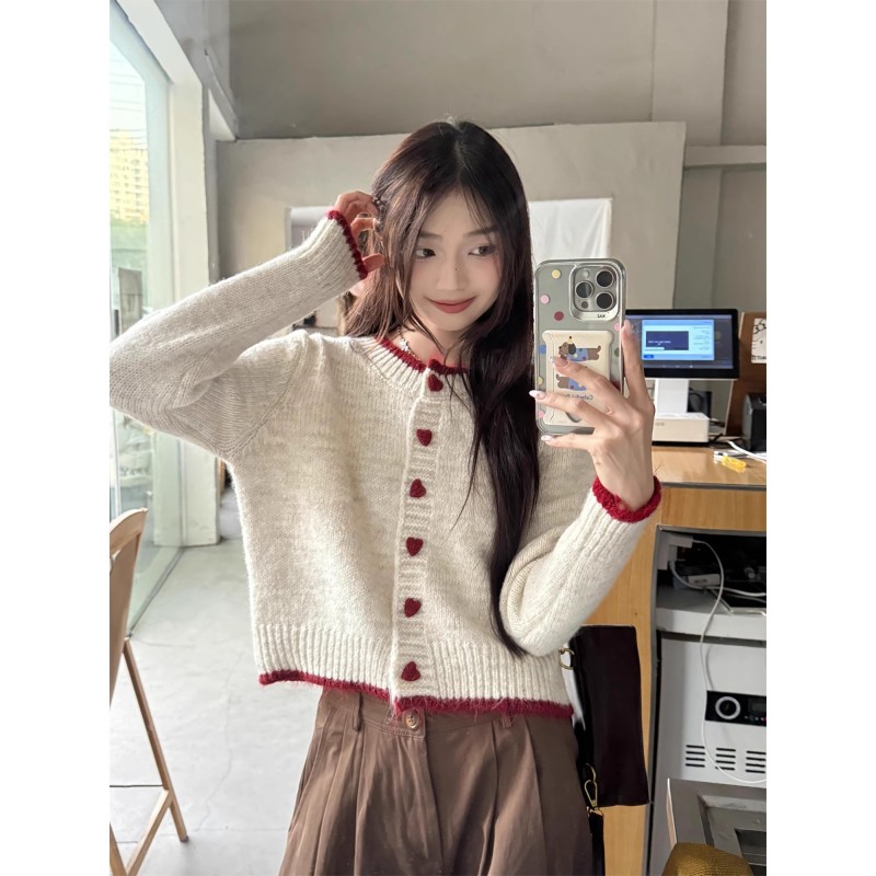 Apricot love button wool knitted cardigan for women in autumn and winter new style small Korean style lazy style contrasting edge loose top
