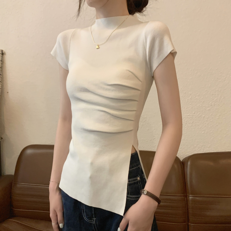 Pure Desire Hot Girl White Half Turtle Neck Knitted Short Sleeve T-Shirt Women's Summer 2024 New Style Shoulder Waist Slim Top