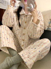 Striped rainbow candy sweet winter rhombus quilted home wear pajamas set