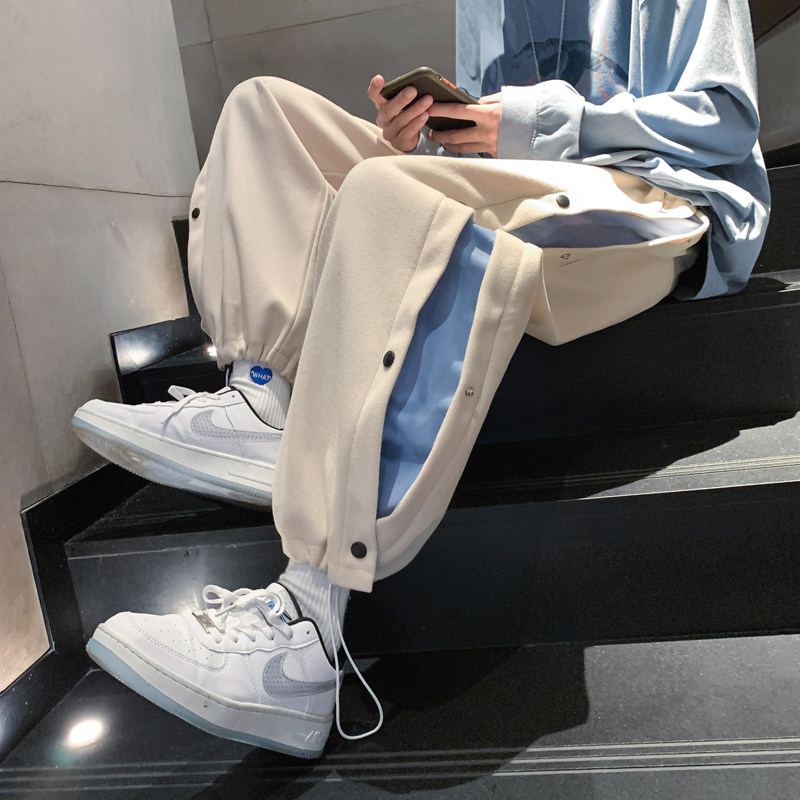Winter woolen-breasted contrasting color casual pants for male students, trendy leg-tie large size woolen material straight pants