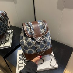 Plaid Retro Metal Chain Lock Bucket Bag Pleated Backpack Fabric Internet Celebrity New Bag