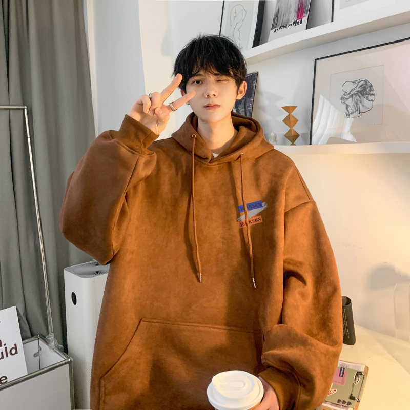 New spring suede loose shoulder casual hooded sweatshirt