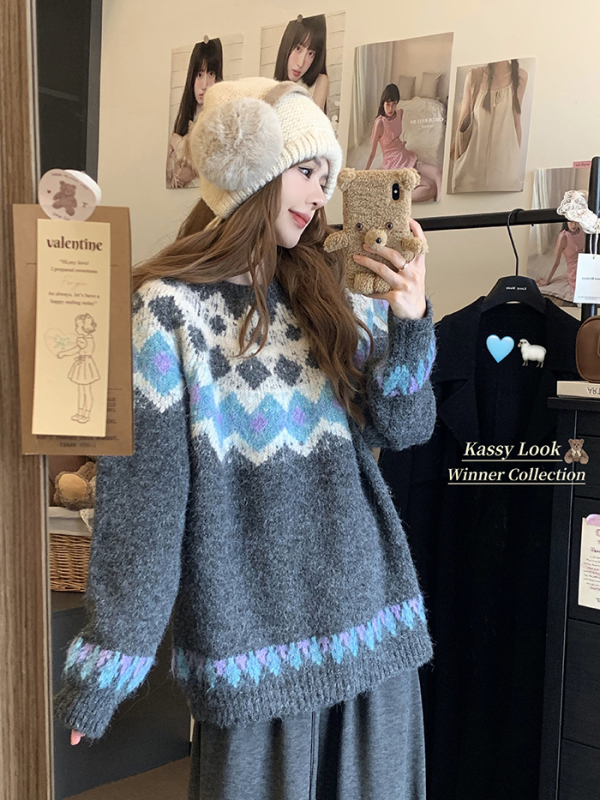 New autumn and winter Korean style loose retro lazy style contrasting jacquard knitted pullover sweater