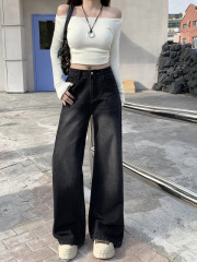 Black and gray drapey wide-leg jeans for women in autumn retro washed high-waisted straight floor-length pants