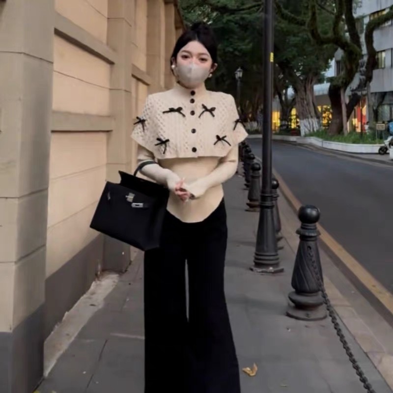 Atmospheric bow layered sweater shawl bottoming sweater autumn new Korean style pure desire two-piece set