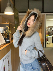 Autumn fur collar sweatshirt jacket women's thin right shoulder gray hooded cardigan top