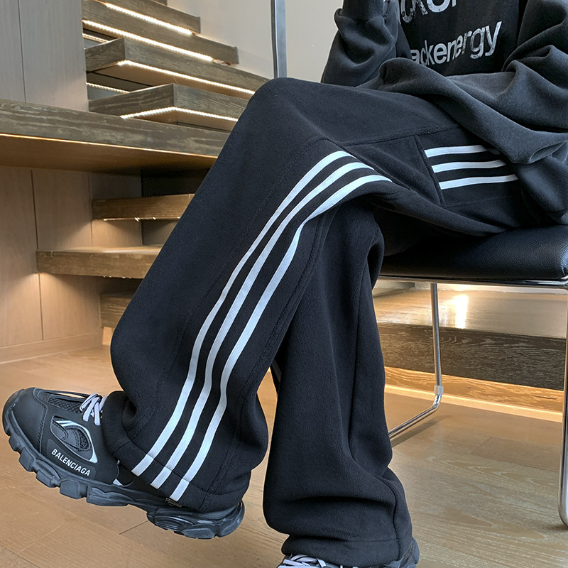 New autumn and winter double-sided polar fleece striped webbing drawstring casual pants
