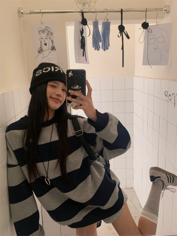 Retro Korean style casual loose letter stripe contrasting color round neck pullover sweatshirt