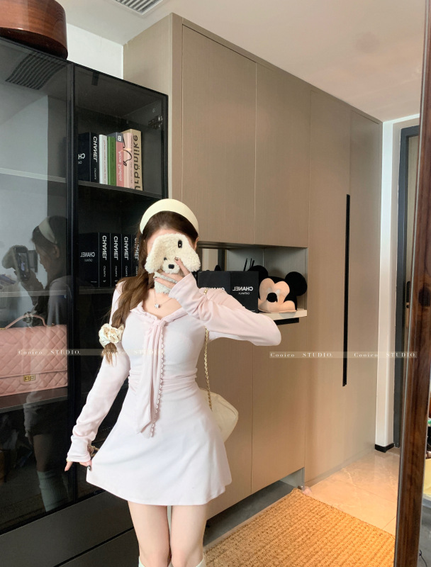 Sweet Girly Pink Navy Collar Skirt Lace Knitted Dress