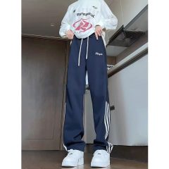 Navy heavyweight sweatpants men's autumn splicing contrasting three-stripe pants American retro sports casual trousers